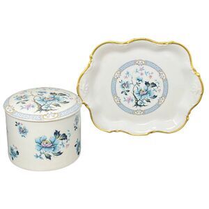 Vintage Rochard Limoges France‎ Blue Flower Covered Trinket Jar with Lid & Tray